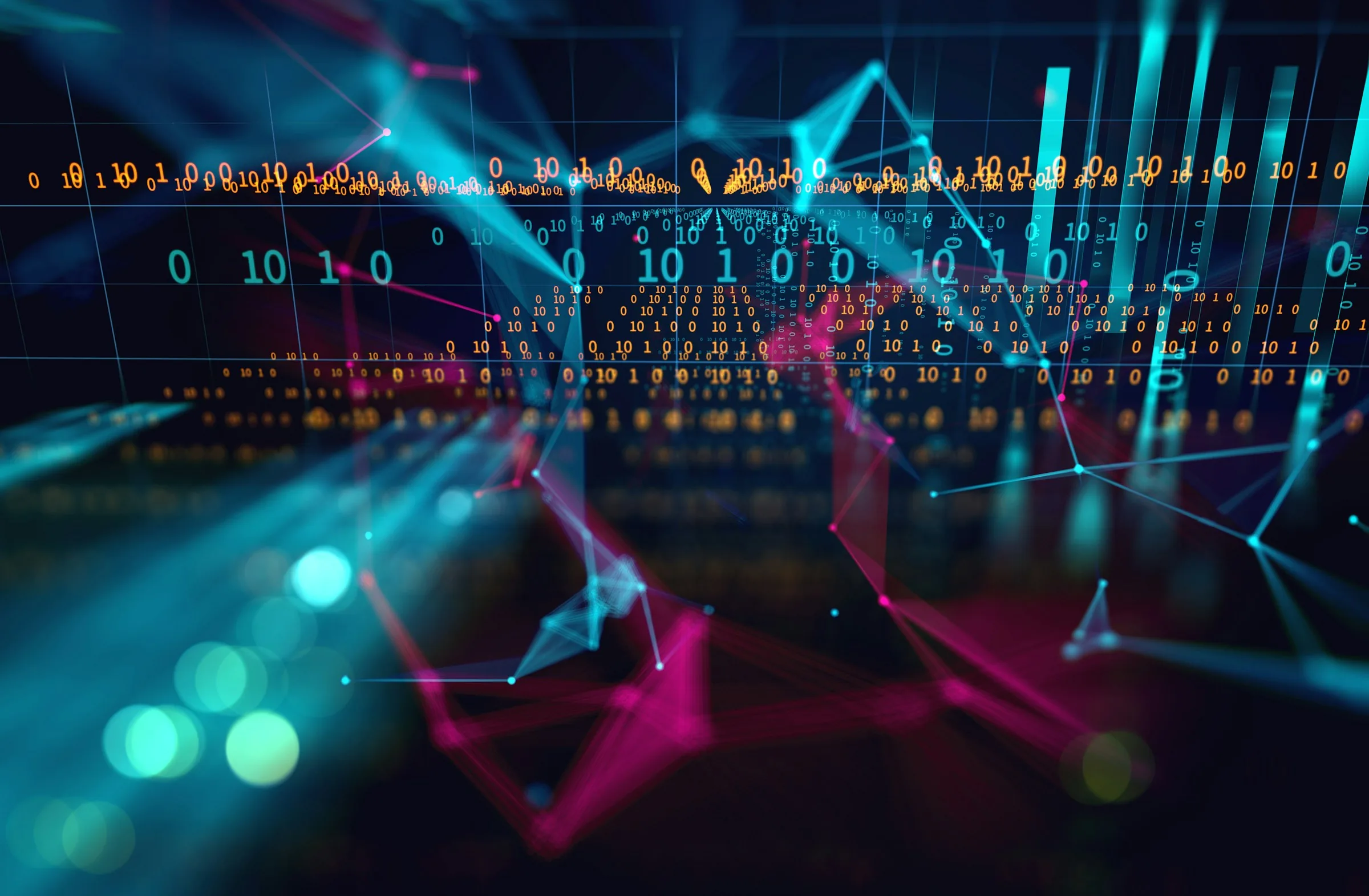 Abstract visualization of interconnected AI agents with security threat indicators
